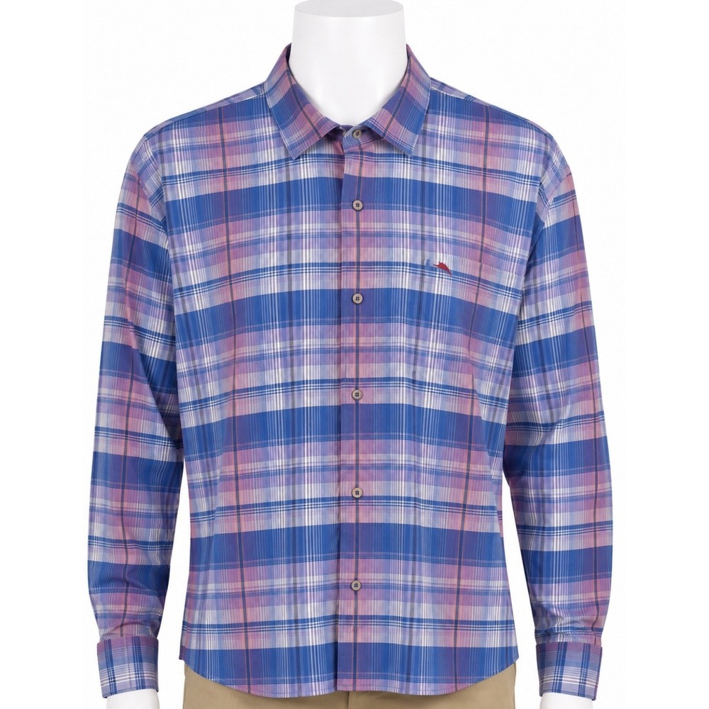 TOMMY BAHAMA Men's Long Sleeve Blue White Plaid Shirt 2XL Tall XXL Coastal
